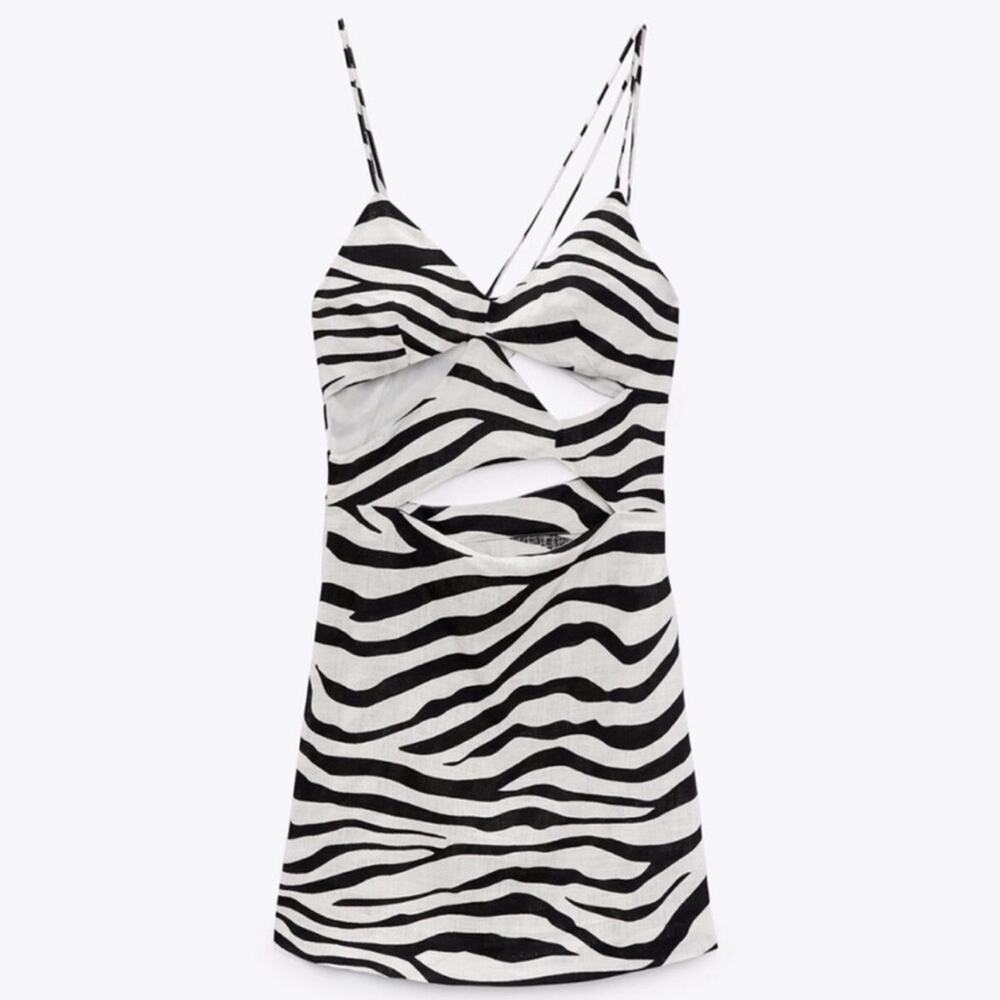 Zara black & white Zebra Print linen blend cutout spaghetti strap Mini Dress XS - Picture 4 of 16